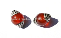 2 BEADS - Tibetan Carnelian Beads with Tibetan Silver Caps - Handmade Tibetan Beads, Pendants, Jewelry - TibetanBeadStore- B1014-2