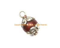 Old Carnelian Melon-Shaped Ethnic Tibetan Charm Pendant with Repousse Tibetan Silver Metal Floral Caps - WM7985Q