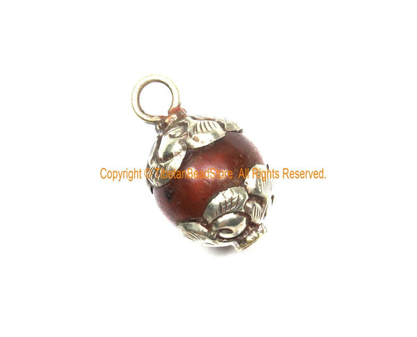 Old Carnelian Melon-Shaped Ethnic Tibetan Charm Pendant with Repousse Tibetan Silver Metal Floral Caps - WM7985Q