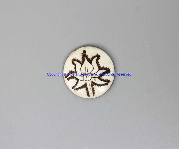 Ethnic Tibetan Lotus Flower Design Bone Charm Pendant - Handmade Tribal Floral Bone Pendant - WM7929-1