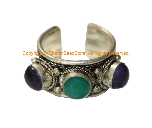 Tibetan Adjustable 3 Stone Ring (Amethyst, Green Onyx) - Handmade Ethnic Ring Boho Ring Statement Ring Tibetan Jewelry- R345E