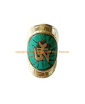 Beautiful Handmade Tibetan OM Mantra Shield Ring with Turquoise Inlays - Ethnic OM Mantra Large Oval Inlay Ring - R343