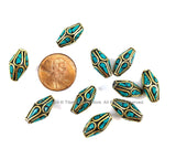 10 BEADS Tibetan Bicone Beads with Brass & Turquoise Inlays by TibetanBeadStore - Turquoise Beads Brass Inlay Beads Nepal Beads B3498-10