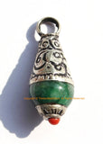 2 PENDANTS - Small Ethnic Tibetan Green Jade Charm Pendants with Tibetan Silver Caps and Red Copal Accent - WM4007-2
