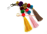 Luxury Pom Pom Tassels - Handmade Multi-colored Pom Pom Tassels with Spring Clip - Quality Boho Long Tassels - Silk Bag Tassels - BK26BB