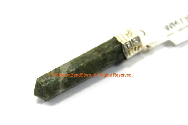 Moss Agate Pendant with Silver Plated Bail - Pencil Point Pendant - Small Pencil Point Agate Pendant - Tibetan Point Pendant - WM7305B