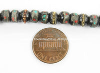 10 BEADS Tibetan Beads- 6mm-7mm Dark Bone Beads with Metal Wire, Turquoise, Coral Inlays- Inlaid Bone Beads Tibetan Beads- LPB10XS-10
