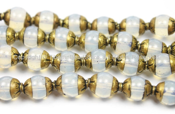 10 BEADS - Small Tibetan Milky Quartz Beads with Repousse Brass Caps- Handmade Ethnic Nepal Tibetan Beads by TibetanBeadStore- B2920-10