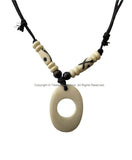 Handmade Tibetan Carved Circle Oval Bone Pendant with Decorative Beads on Adjustable Cord Necklace - HC166D