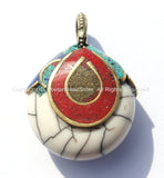 Tibetan White Crackle Resin Copal Reversible Pendant with Brass, Lapis, Turquoise & Copal Coral Inlay Cap - WM4877