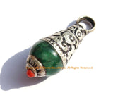 2 PENDANTS - Small Ethnic Tibetan Green Jade Charm Pendants with Tibetan Silver Caps and Red Copal Accent - WM4007-2