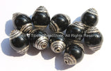 10 Beads - Tibetan Black Onyx Beads with Tibetan Silver Caps - Ethnic Nepal Tibetan Artisan Handmade Beads - B1808S-10