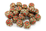 4 BEADS Tibetan Floral Beads with White Howlite & Coral Inlays - Thick Roundelle Rondelle Beads - Ethnic Nepal Tibetan Beads - B3333-4