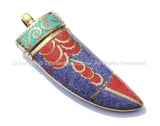 Long Tibetan Lapis, Turquoise, Coral & Brass Horn Tusk Pendant with Brass Cap - Ethnic Tribal Boho Tibetan Horn Pendant - WM5003