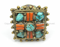 LARGE Ethnic Tribal Tibetan Ring with Turquoise, Coral Inlays (SIZE 10.5)- Tibet Ring Handmade Tibetan Jewelry by TibetanBeadStore- R8-10.5