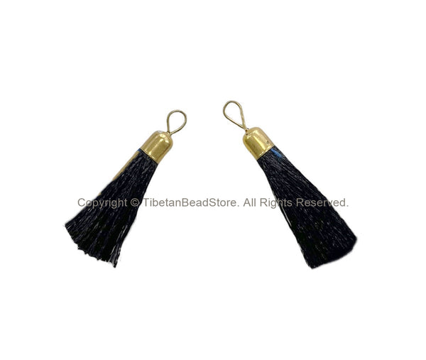 2 TASSELS Black Tassels with Gold Toned Brass Caps - Quality Tassels Boho Mala Tassels Earring Tassels - Craft Tassels - T217-2