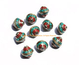 10 BEADS Nepalese Bicone Beads with Brass, Turquoise & Coral Inlays - Brass Inlaid Nepal Tibetan Beads - 12mm x 10mm - B3131-10