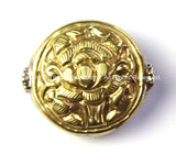Repousse Carved Brass Auspicious Lotus Flower Detail Round Shape Tibetan Bead - Unique Ethnic Focal Nepal Tibetan Beads - B2421