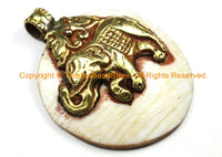 Ethnic Tribal Tibetan Naga Conch Shell Disc Pendant with Repousse Brass Elephant & Peace Sign Details - TibetanBeadStore Handmade - WM7186