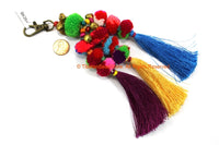 Luxury Pom Pom Tassels - Handmade Multi-colored Pom Pom Tassels with Spring Clip - Boho Long Tassels - Silk Tassels Bag Tassels - BK26N