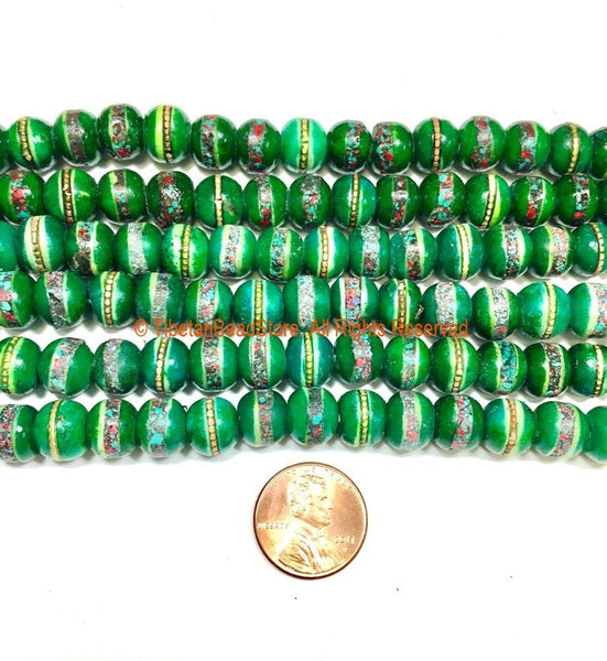 10 BEADS 9-10mm Tibetan Green Color Bone Beads with Turquoise, Coral & Metal Inlays- Ethnic Green Bone Inlaid Beads- LPB148G-10