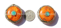 1 bead - Tibetan Round Amber Copal Resin Bead with Brass Ring, Turquoise & Copal Inlays - 30mm x 30mm - Ethnic Nepal Tibetan Beads - B1965-1