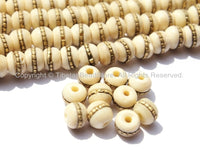 10 beads - Tibetan White Bone Beads with Brass Inlays - Ethnic Nepal Tibetan Handmade Beads - LPB72-10