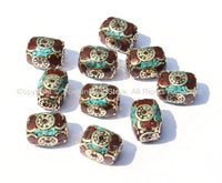 2 Beads - Tibetan Rectangle Box Beads with Brass, Turquoise & Copal Inlays - Unique Ethnic Nepal Tibet Beads - B274-2
