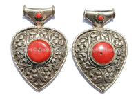 LARGE Ethnic Tibetan Repousse Carved Heart Shaped Pendant with Coral Inlays - Ethnic Tribal Tibetan Jewelry Pendant - WM5442