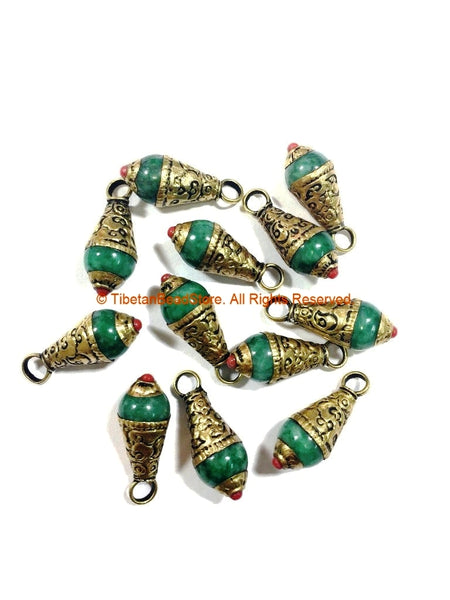 Small Tibetan Green Jade Charm Pendant with Floral Repousse Brass Caps and Red Copal Accent - 1 PENDANT - WM4007B-1