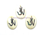 Tibetan OM Mantra Oval Bone Pendant with Turquoise, Coral Inlays - Yoga OM Ethnic Handmade Bone Pendant- WM7918-1