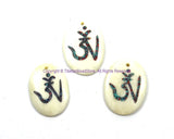 Tibetan OM Mantra Oval Bone Pendant with Turquoise, Coral Inlays - Yoga OM Ethnic Handmade Bone Pendant- WM7918-1