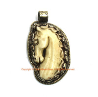 Carved Bone Horse Pendant - Ethnic Tibetan Carved Bone Horse Pendant with Tibetan Silver Lotus Detail - Handmade Tibetan Jewelry - WM7787A