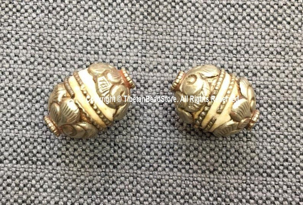 2 BEADS - Tibetan Ethnic Naga Conch Shell Beads with Tibetan Silver Metal Caps & Wires - Ethnic Tibetan Handmade Beads - B1040-2
