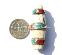 Ethnic Tibetan Naga Conch Shell Large Long Thick Bead with Brass Bands, Turquoise & Coral Inlays - 1 bead - B1877-1