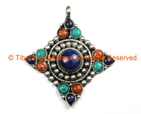 Ethnic Tribal Nepal Tibetan Floral Cross Pendant with Turquoise, Coral & Lapis Inlays - TibetanBeadStore Handmade Jewelry - WM7199A