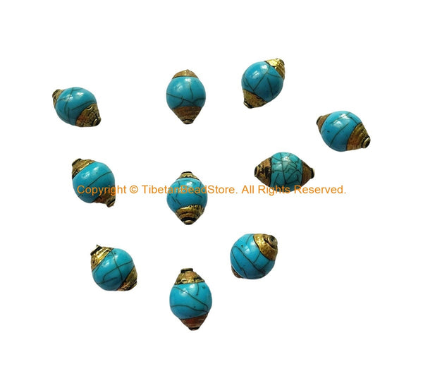10 BEADS - Tibetan Blue Crackle Resin Beads with Brass Caps - Nepal Tibetan Beads Pendants Jewelry - TibetanBeadStore - B3522-10