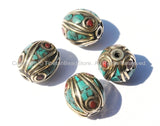 1 BEAD - Fine Handmade Oval Shaped Tibetan Bead with Brass, Turquoise & Coral Inlays - Ethnic Nepal Tibetan Beads - B2557-1