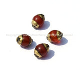 4 BEADS - Small Tibetan Carnelian Beads with Brass Caps - Handmade Capped Gemstone Tibetan Beads - B495-4