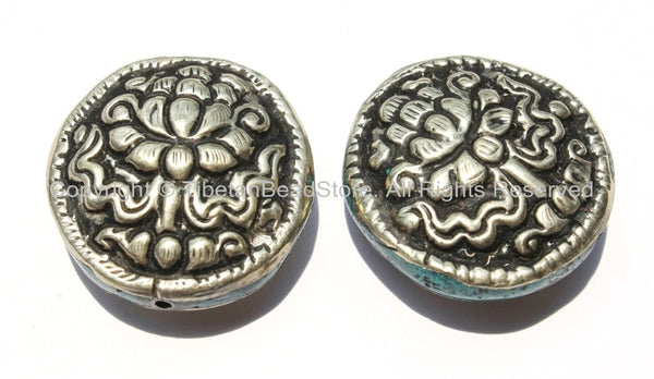 2 Beads - Big Tibetan Repousse Carved Tibetan Silver Auspicious Lotus Round Disc Shape Beads with Turquoise Side Inlays - B2280-2