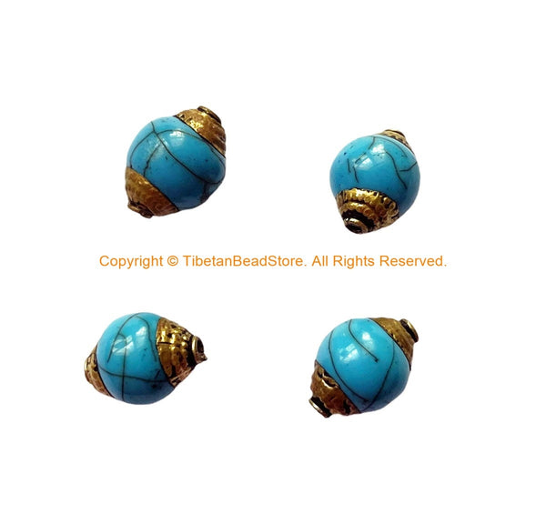 4 BEADS - Tibetan Blue Crackle Resin Beads with Brass Caps - Nepal Tibetan Beads Pendants Jewelry - TibetanBeadStore - B3522-4