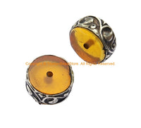 4 BEADS - Tibetan Amber Color Resin Beads with Repousse Tibetan Silver Rings - Ethnic Nepal Tibetan Tribal Beads - B1030B-4