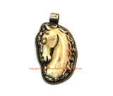 Carved Bone Horse Pendant - Ethnic Tibetan Carved Bone Horse Pendant with Tibetan Silver Lotus Detail - Handmade Tibetan Jewelry - WM7787B
