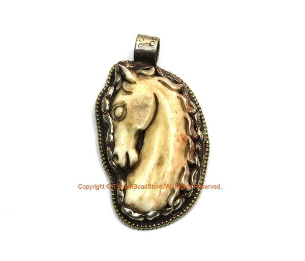 Carved Bone Horse Pendant - Ethnic Tibetan Carved Bone Horse Pendant with Tibetan Silver Lotus Detail - Handmade Tibetan Jewelry - WM7787B
