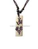 Handmade Tibetan OM Mantra Buddha Eyes Bone Pendant on Adjustable Cord - OM Buddha Eyes - Bone Rectangular Bar Mantra Pendant- HC166AH