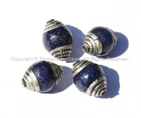 4 BEADS - Tibetan Lapis Beads with Tibetan Silver Caps - Ethnic Nepal Tibetan Beads - B1005S-4