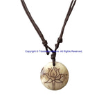 Auspicious Lotus Design Handmade Tibetan Bone Pendant Necklace on Adjustable Cord - Boho Yoga Jewelry - HC166U