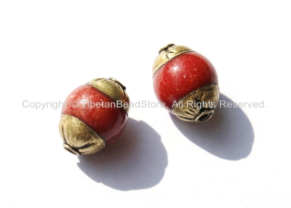 2 BEADS - Small Tibetan Red Jade Beads with Brass Caps - 7mm x 10mm - Ethnic Nepal Tibetan Artisan Handmade Beads - B1826-2