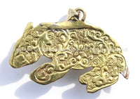 Large Tibetan Brass Animal Pendant with Lapis Gemstone Inlay - Brass Repousse Animal - Tibetan Jewelry - Tibetan Pendant - WM5394