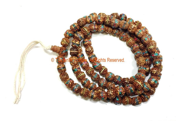 108 BEADS 9mm Rudraksha Mala Prayer Beads with Turquoise, Coral & Metal Inlays - Ethnic Nepal Tibetan Rudraksha Mala Beads - PB150B